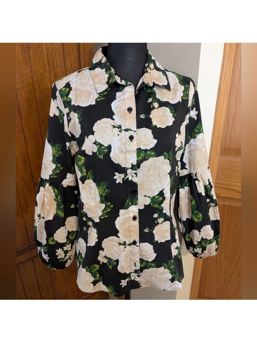 NEW YORK & CO Floral Blouse/ Top w/Puffed Lower Sleeve & Elastic Cuff, Sz L,NWOT